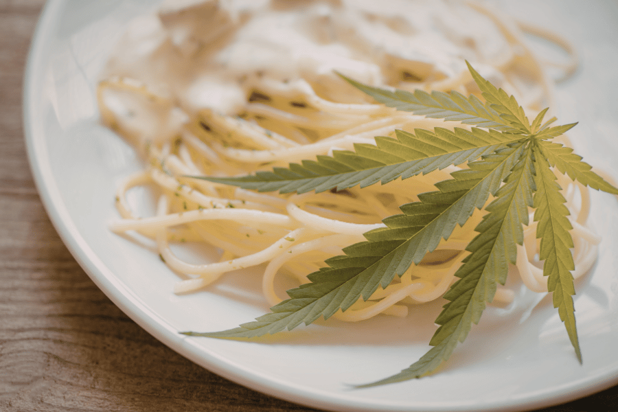 Cannabis leaf placed on pasta to illustrate cannabis-infused food and why longer infusion time doesn’t increase potency