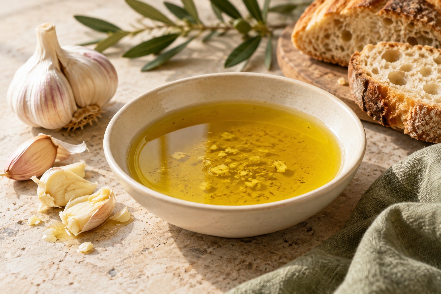 Golden garlic-infused oil in a ceramic bowl with garlic and bread.