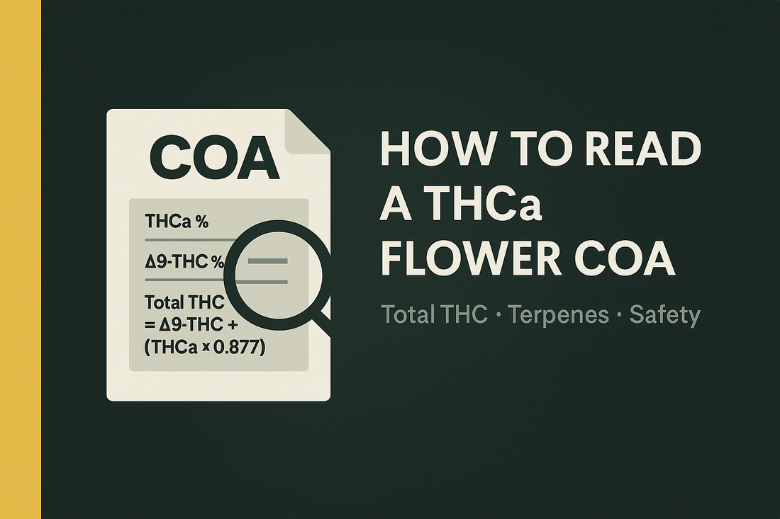 CannaFuse blog cover showing a lab-style COA sheet with THCa %, Δ9-THC %, the Total THC formula, and a terpene list in dark green and gold brand colors.