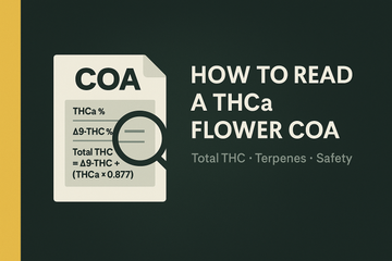 CannaFuse blog cover showing a lab-style COA sheet with THCa %, Δ9-THC %, the Total THC formula, and a terpene list in dark green and gold brand colors.