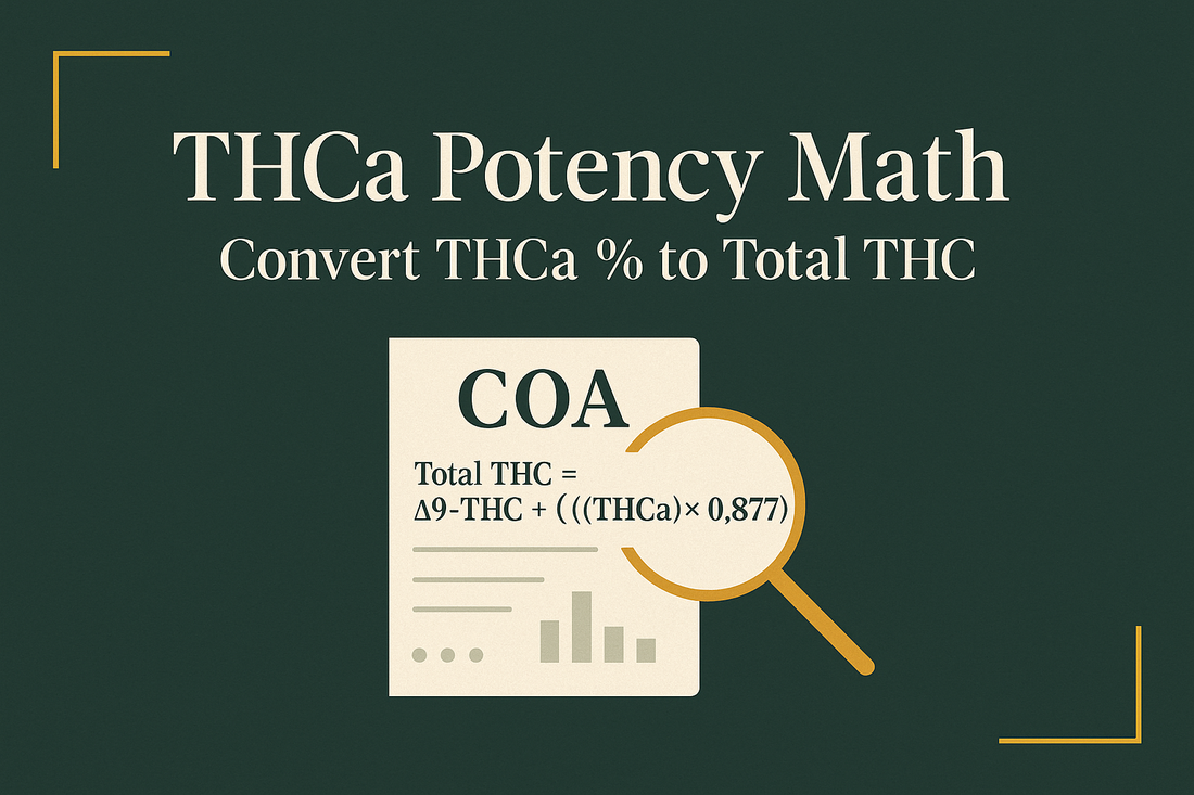 CannaFuse blog cover with the title “THCa Potency Math: Convert THCa % to Total THC” and the formula Δ9-THC + (THCa × 0.877) in dark green and gold.