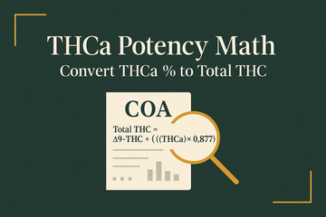 CannaFuse blog cover with the title “THCa Potency Math: Convert THCa % to Total THC” and the formula Δ9-THC + (THCa × 0.877) in dark green and gold.