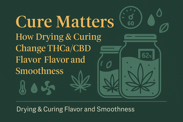 CannaFuse blog cover titled “Cure Matters: How Drying & Curing Change THCa/CBD Flower Flavor and Smoothness,” featuring jar, humidity/temperature icons, and cannabis leaves in dark green with gold accents.