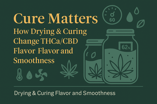 CannaFuse blog cover titled “Cure Matters: How Drying & Curing Change THCa/CBD Flower Flavor and Smoothness,” featuring jar, humidity/temperature icons, and cannabis leaves in dark green with gold accents.