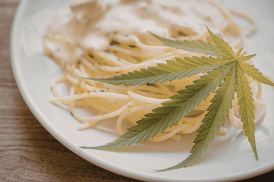 Cannabis leaf placed on pasta to illustrate cannabis-infused food and why longer infusion time doesn’t increase potency