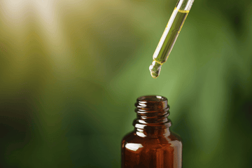 Dropper dispensing golden CBD oil into a small amber glass bottle, with a green blurred background.