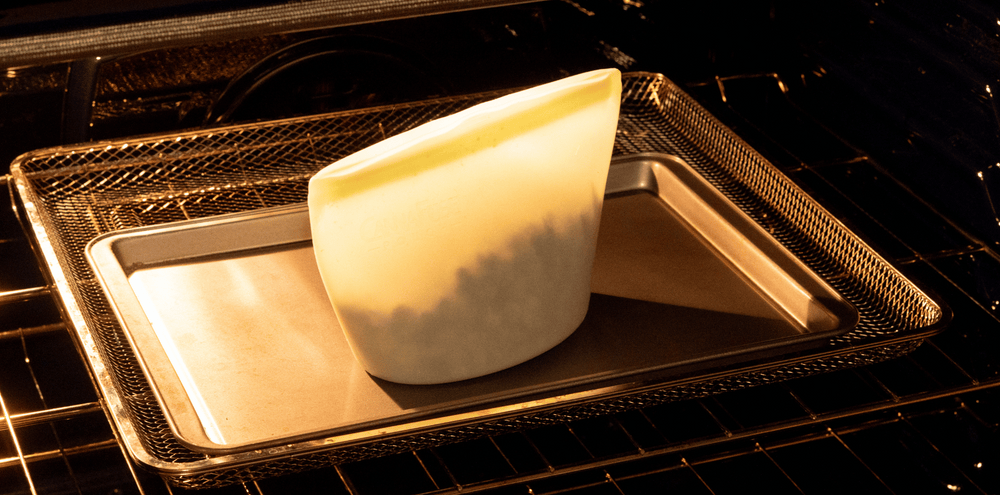 Reusable CannaFuse pouch on a tray in the oven